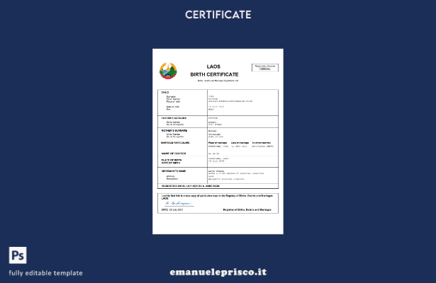 certificato di nascita del Laos in stile verificato modello Word e PDF